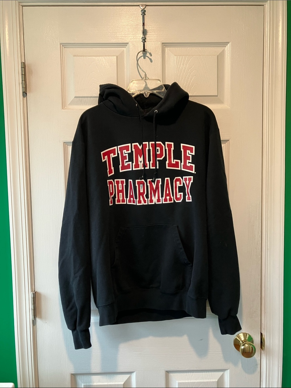 Champion Black Hoodie with Red and White Temple Pharmacy Logo medium